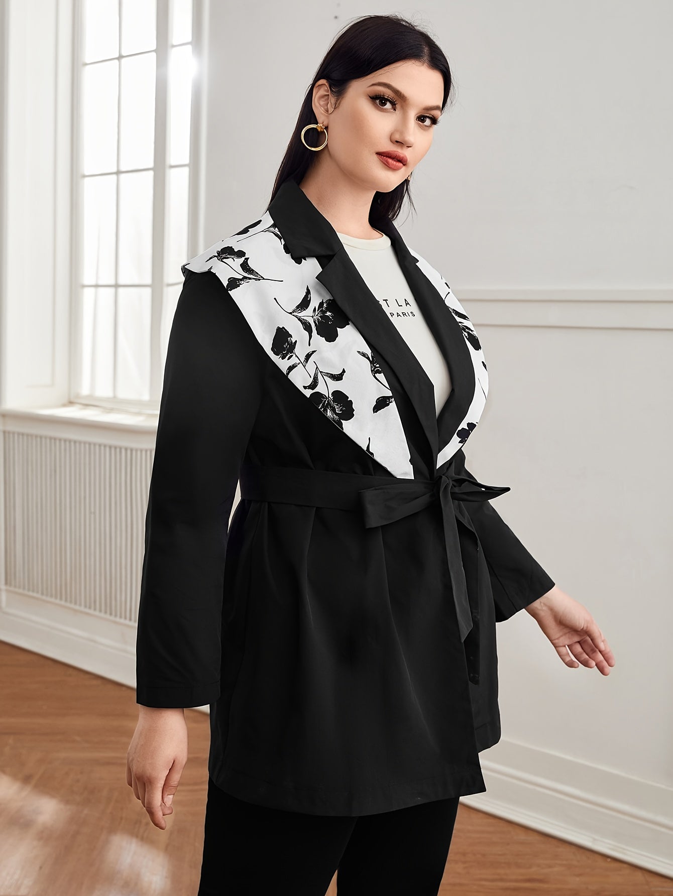  Colorblock Floral Panel Long Sleeve Blazer With Belt
