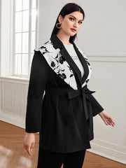  Colorblock Floral Panel Long Sleeve Blazer With Belt