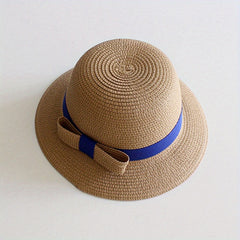 Girls Straw Sun Hat with Bow - Sunshade Bucket Hat