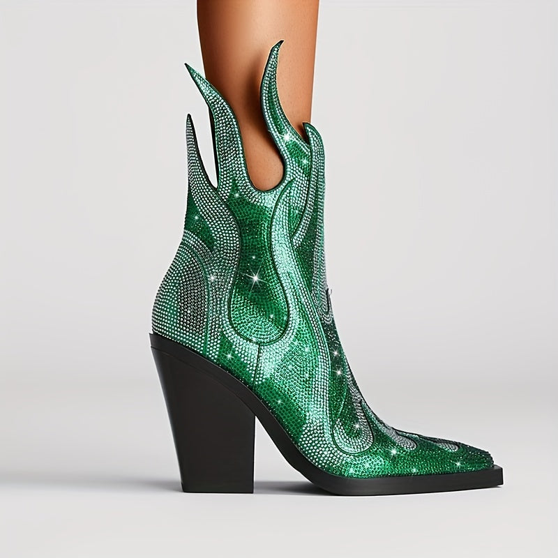 Women's Rhinestone Decor Flame Boots Party Chunky Heels
