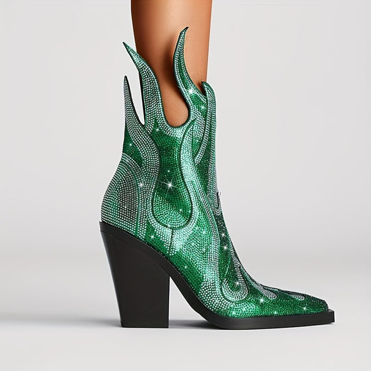 Women's Rhinestone Decor Flame Boots Party Chunky Heels