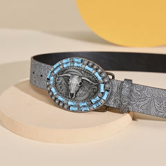 Boho Vintage Belt Print Silvery Cattle Head Buckle Belt For Women