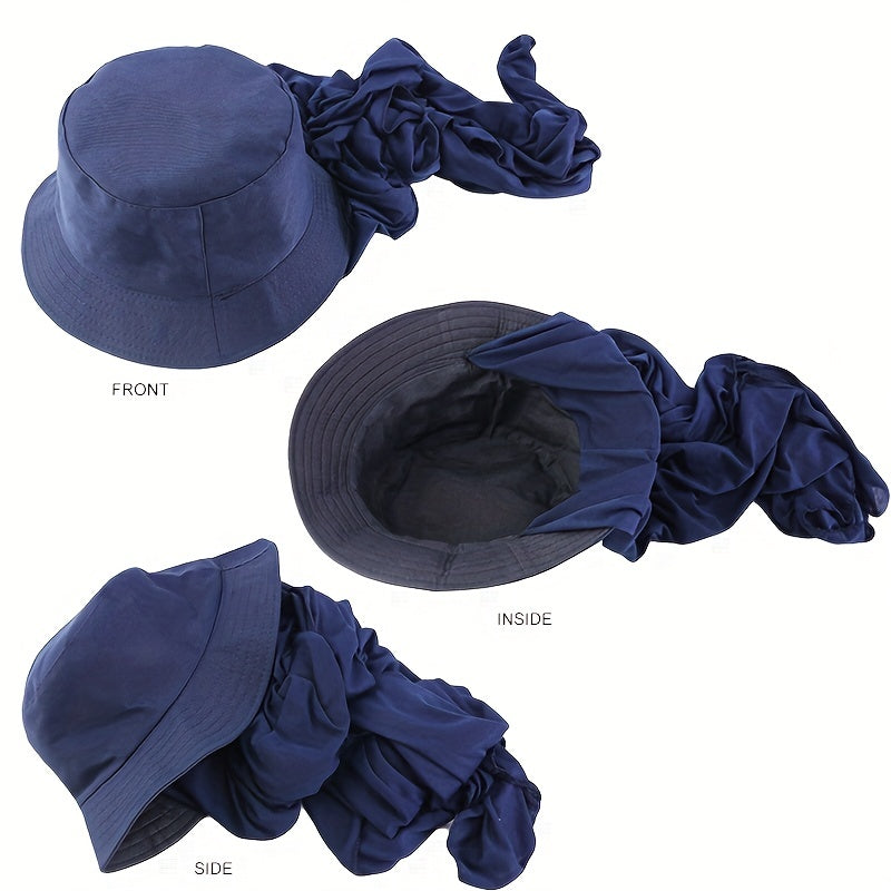 Women Bucket Cap With Hijab Solid Casual Basin Hat Breathable Scarf