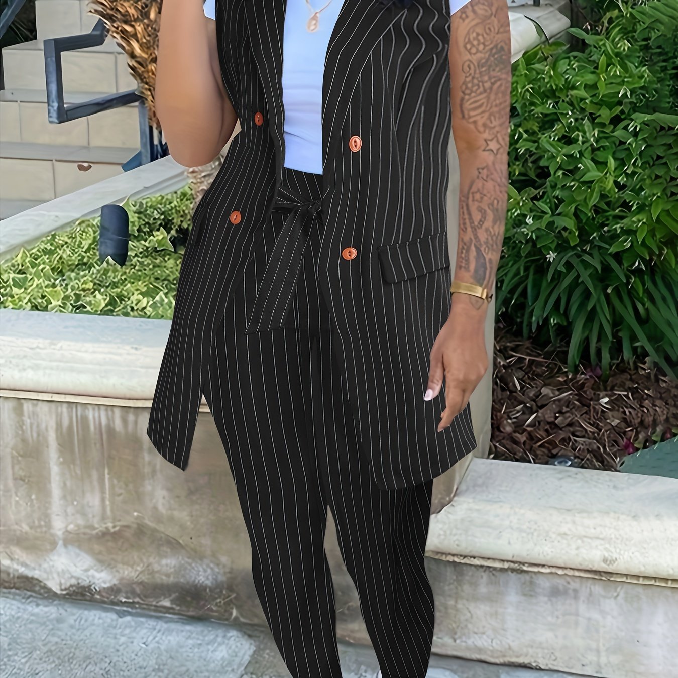 Women's Plus Striped Print Vest & Pants Outfit 2 Piece Set