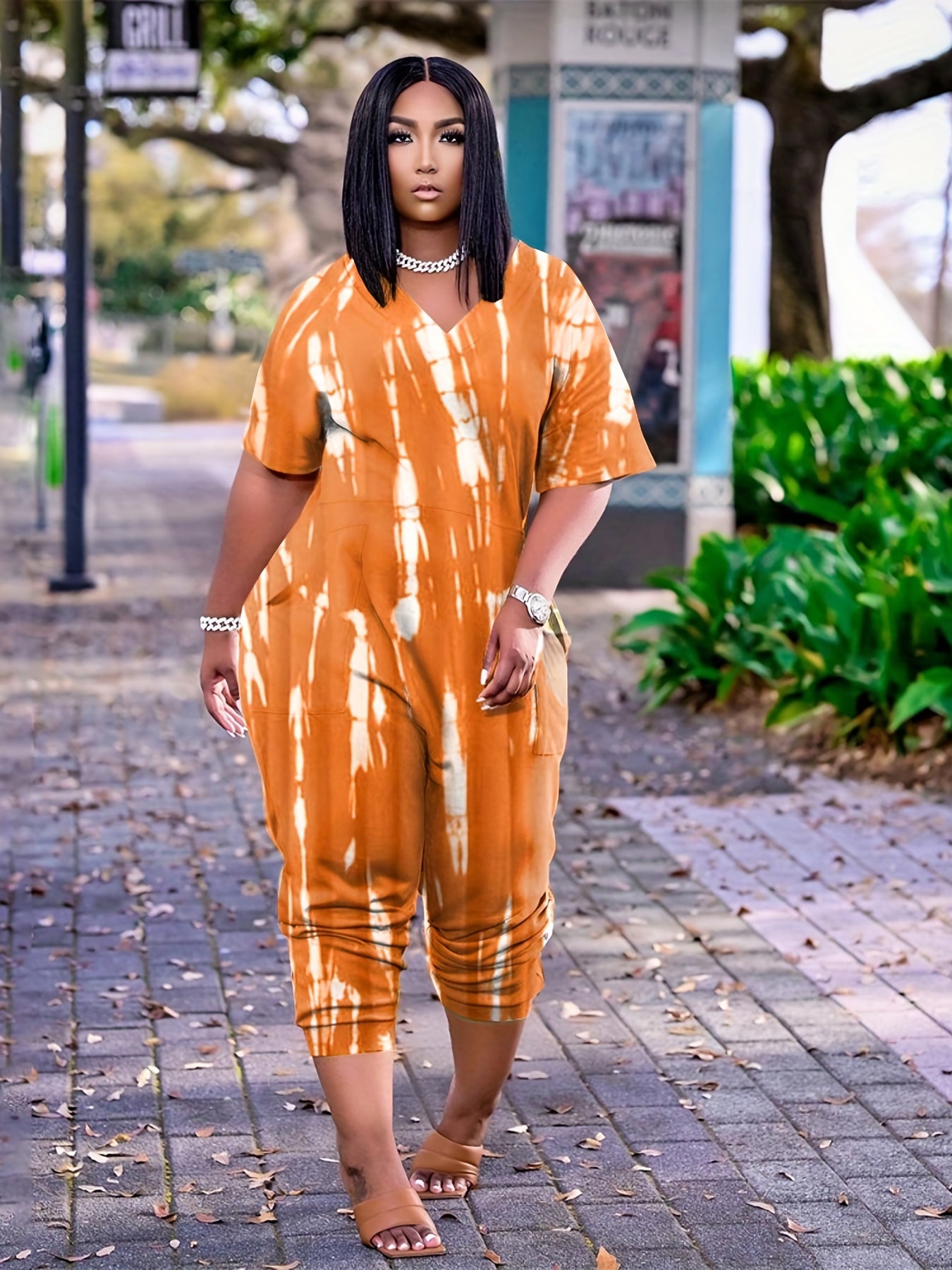  Tie Dye V-Neck Jumpsuit with Pockets