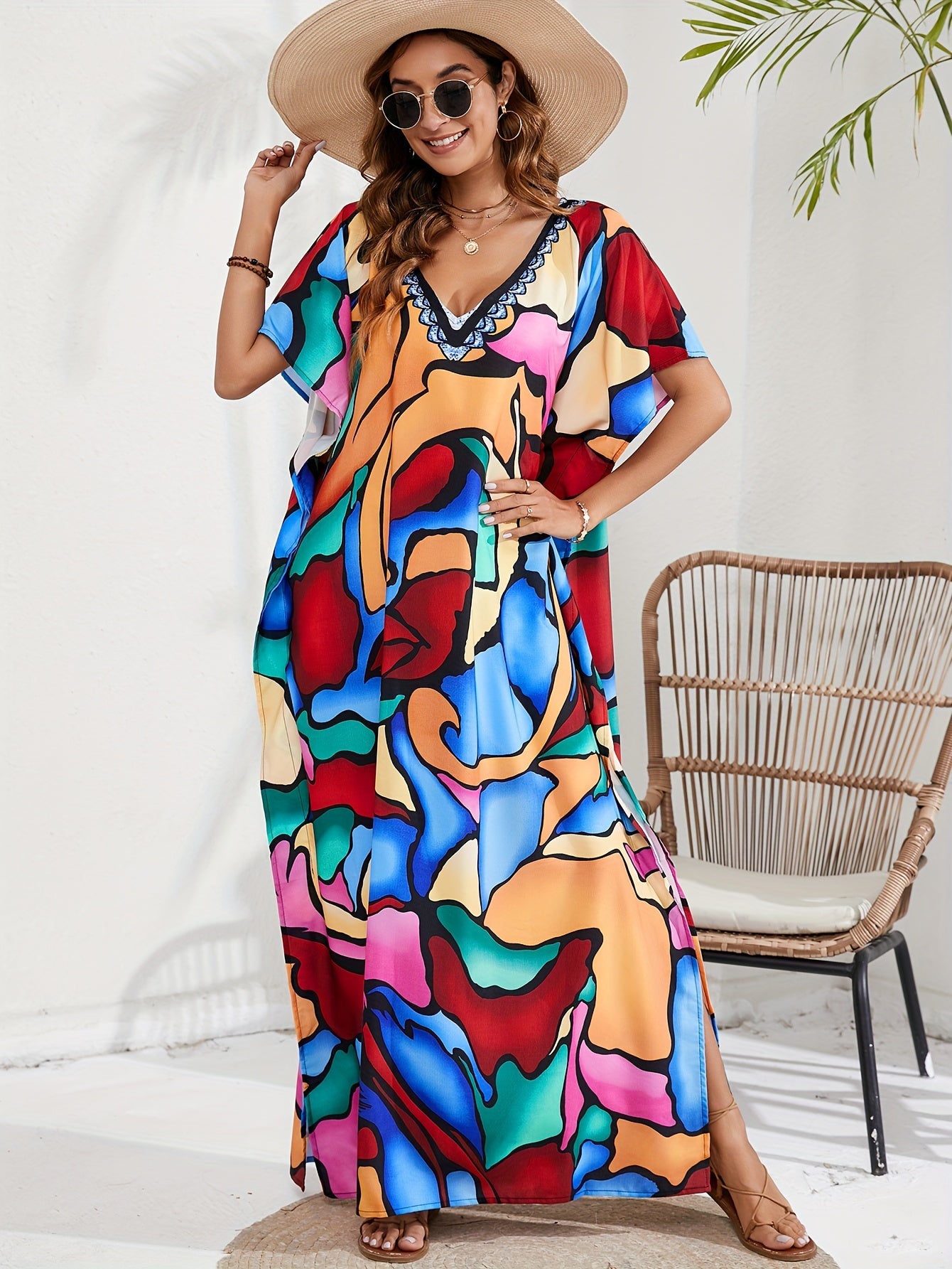  Abstract Face Print Cover Up Batwing Sleeve V Neck Beach Dress