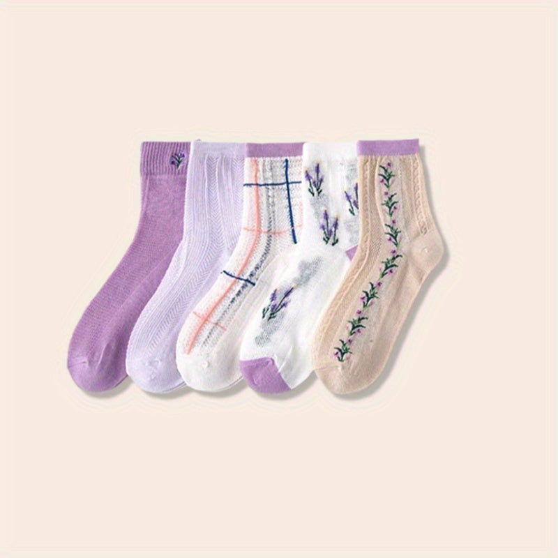 5 Pairs Floral Print Socks Comfy & Breathable Mid Tube Socks Women's Stockings