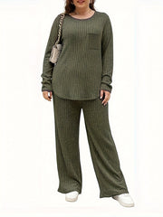  Ribbed Knit Top & Pants Outfit Set Long Sleeve Round Neck Pocket