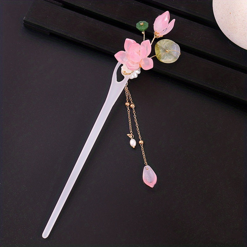 Chinese Style Flower Hairpin with Tassel Ponytail Holder