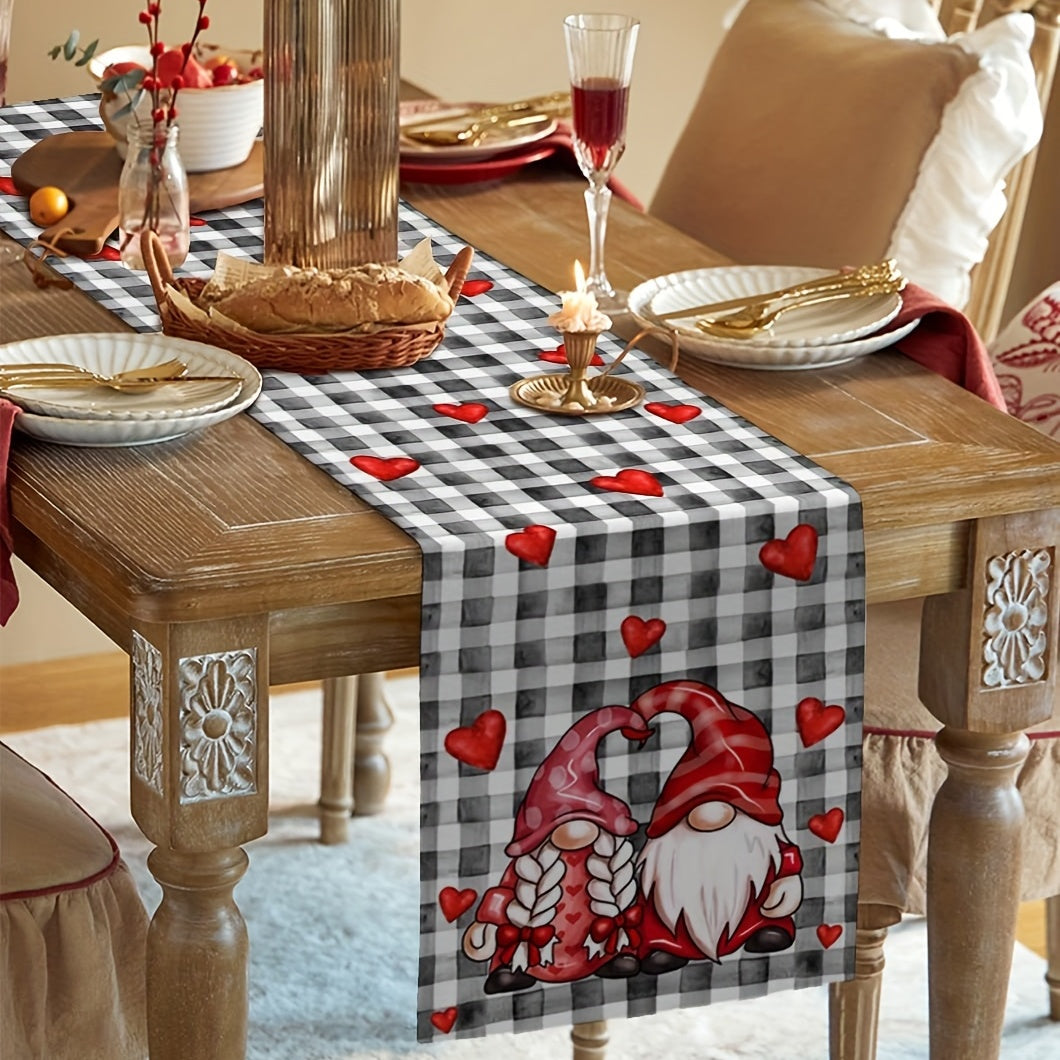 13x72 Inch Red Gnome Love Heart Plaid Table Runner - Heat Resistant Washable