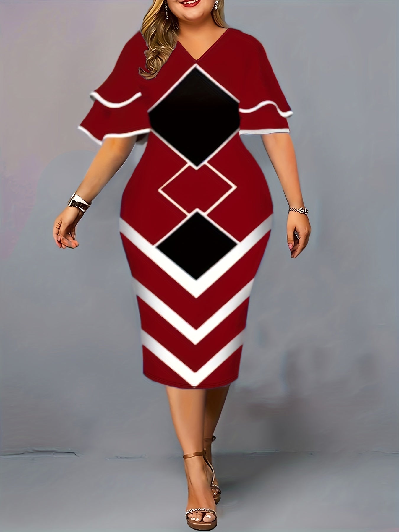  Colorblock Geometric Midi Dress V Neck Slim Fit