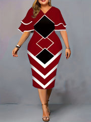  Colorblock Geometric Midi Dress V Neck Slim Fit