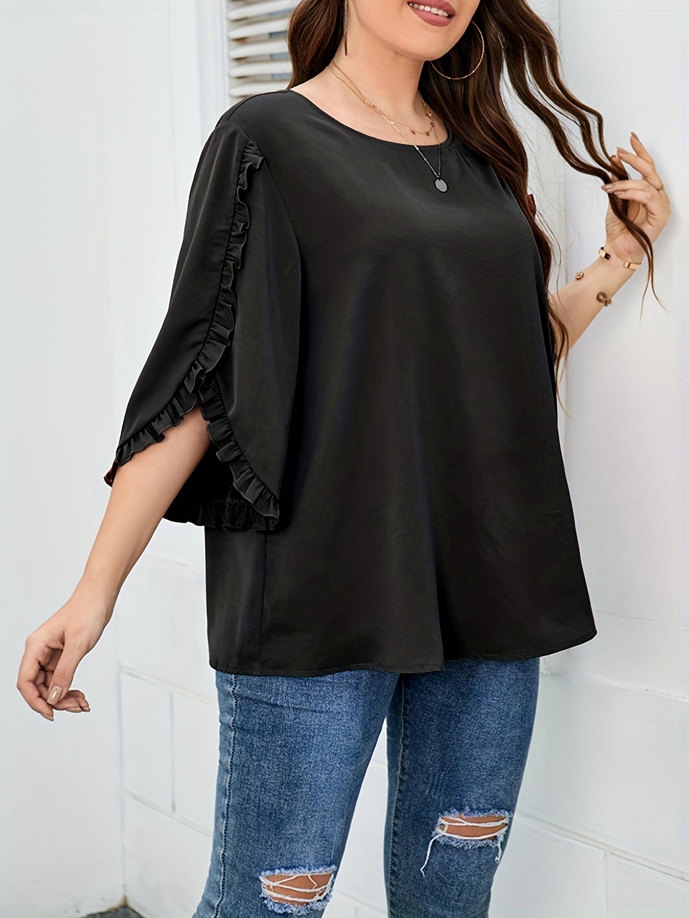  Frill Trim Solid Blouse Women's Plus Round Neck Blouse