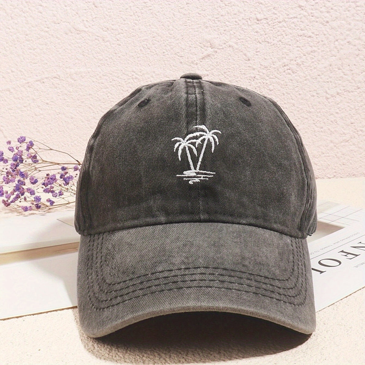 Coconut Tree Embroidery Baseball Cap Unisex Washed Distressed Sun Hat
