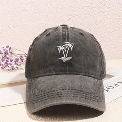 Coconut Tree Embroidery Baseball Cap Unisex Washed Distressed Sun Hat