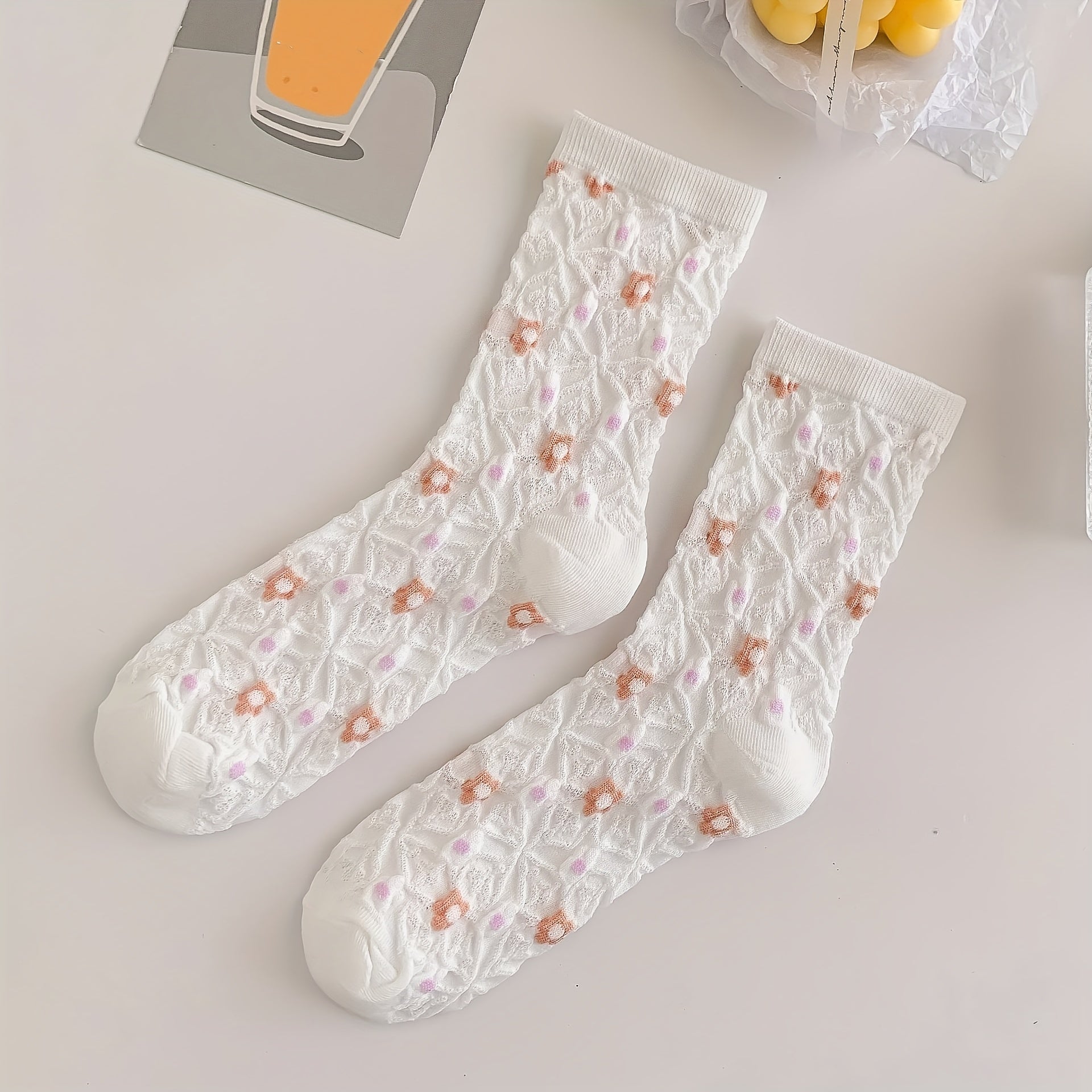 4 Pairs Floral Print Textured Socks Women's Stockings