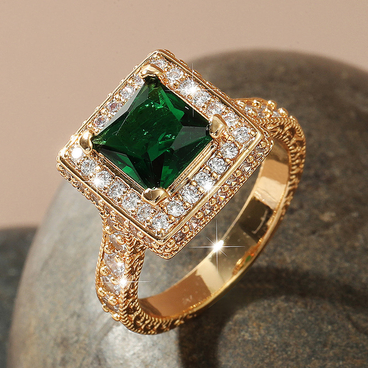 Emerald Glass Zircon Plated 18K Yellow Ring