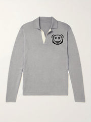 Bear Pattern Knit Polo Shirt Men's Casual Lapel Pullover Sweater