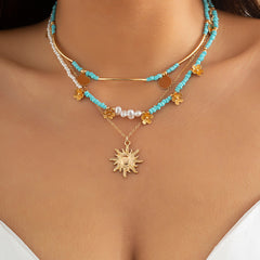 Boho Sun Flower Beaded 3pcs Necklace Set Vintage Fine Jewelry