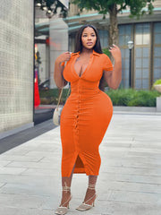  Solid Bodycon Dress Short Sleeve Button Up Sexy