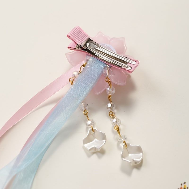 Vintage Pink Flower Streamer Hair Clip Cheongsam Hair Accessory