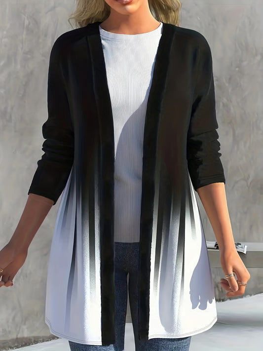  Colorblock Ombre Print Open Front Cardigan