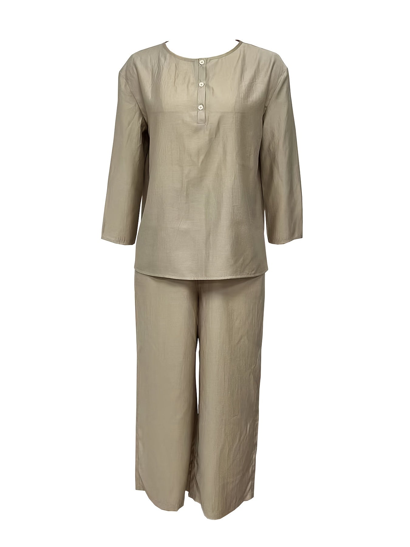 Solid Casual Two piece Set Crew Neck Button Front Tops & Wide Leg Cropped Pants