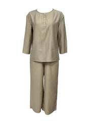 Solid Casual Two piece Set Crew Neck Button Front Tops & Wide Leg Cropped Pants
