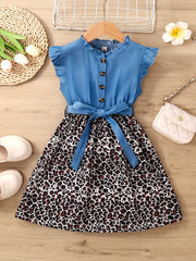 Girls Sleeveless Ruffle Denim Leopard Print Princess Dress