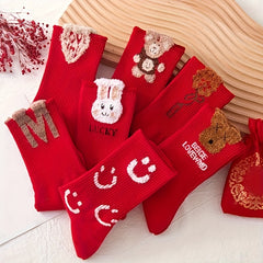 4 Pairs Cartoon Pattern Socks Chinese Year Women's Stockings