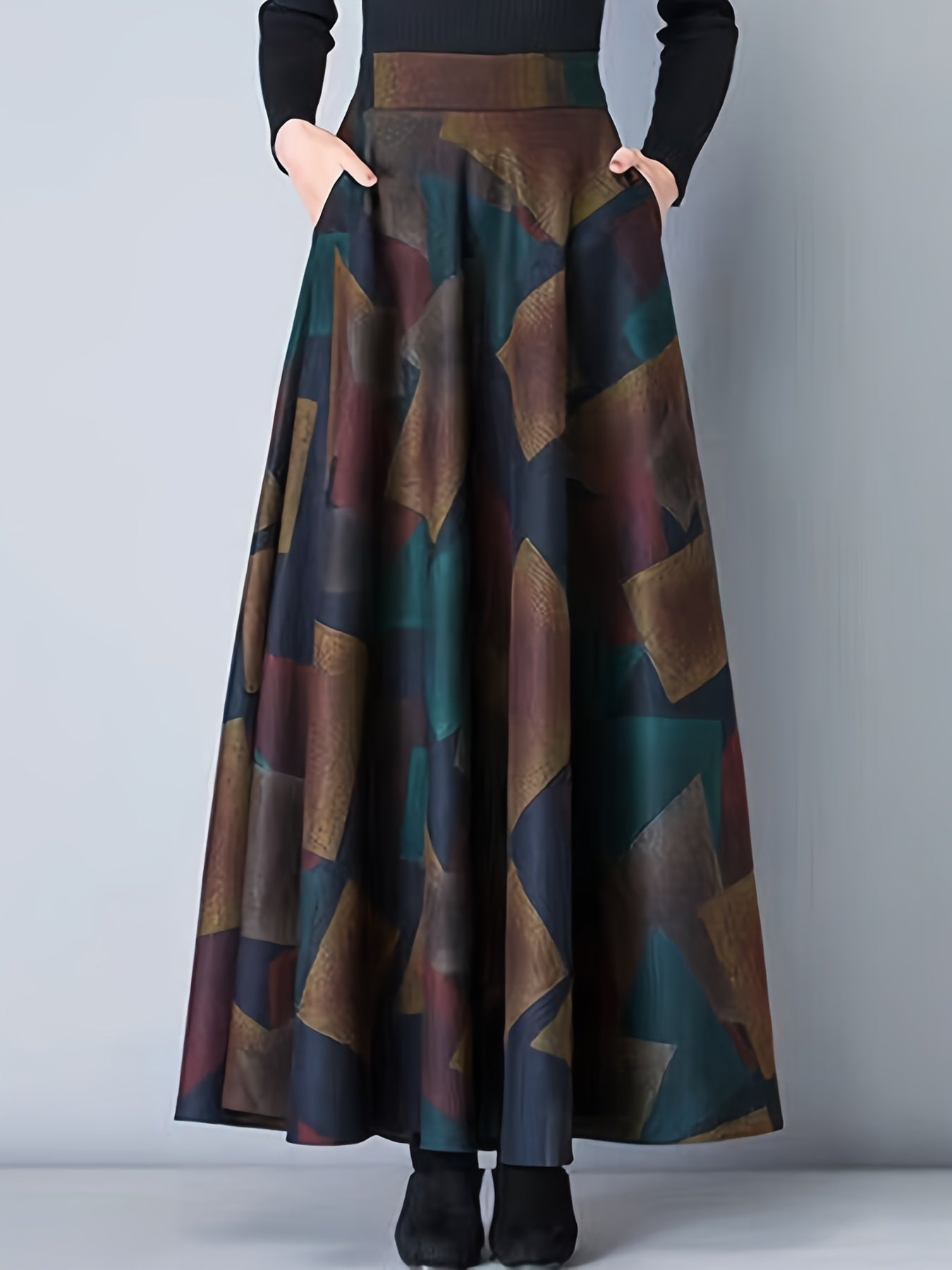 Women's Plus Distressed Geometric Print High Rise Maxi Skirt