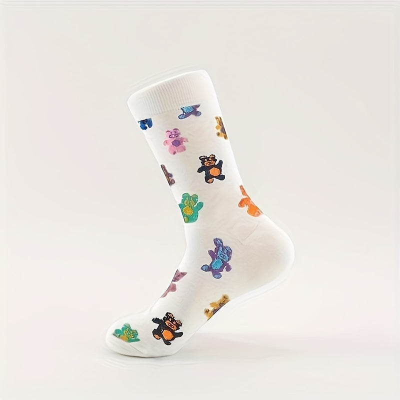 4 Pairs Letter & Cartoon Print Socks Comfy & Mid Tube Women's Stockings