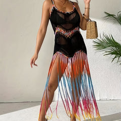 Colorful Fringe Criss Cross Crochet Cover Up Dress Scoop Neck Beach Coverup