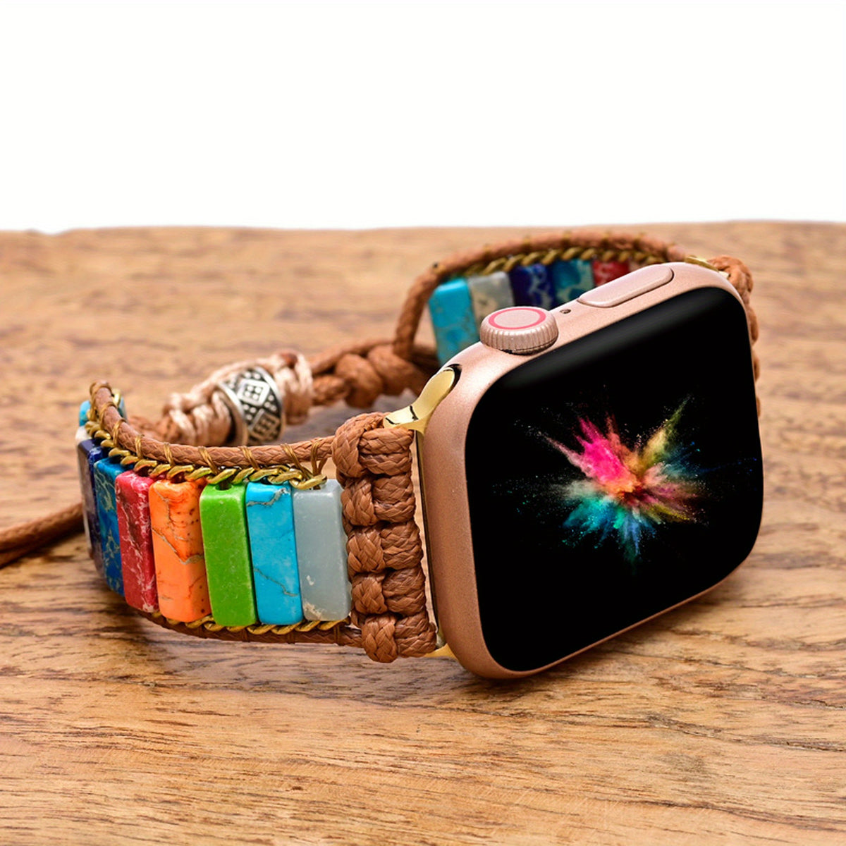 Colorful Beaded Watch Strap, Bohemian Woven Chain, Golden Flat Knot