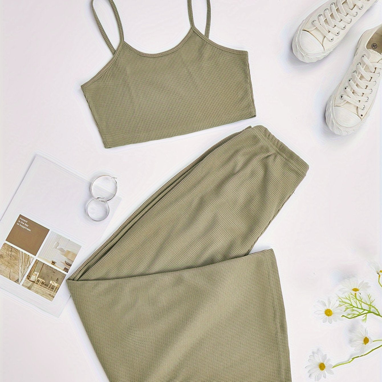 Waffle Lounge Set Crew Neck Cami Top & Pants Women's Loungewear