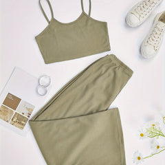 Waffle Lounge Set Crew Neck Cami Top & Pants Women's Loungewear