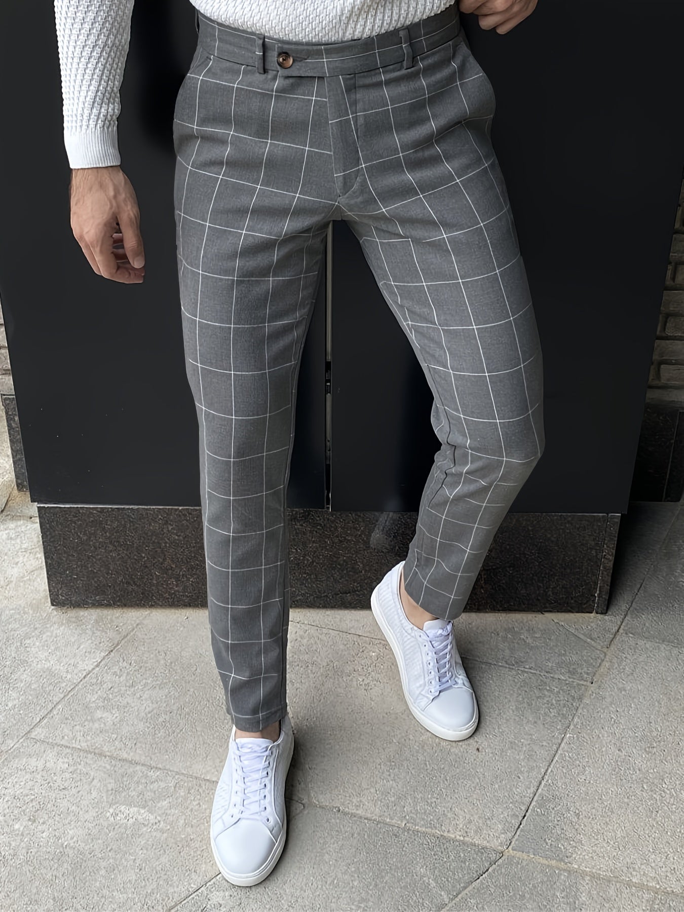 Slim Fit Plaid Slacks Men's Casual Vintage Style Slightly Stretch Dress Pants