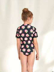 Girl's Strawberry Pattern Onesie Swimsuit Tankini Short Sleeve Bathing Suit