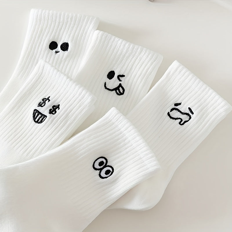 5 Pairs Expression Print Socks Fun & Cute Crew Socks Women's Stockings