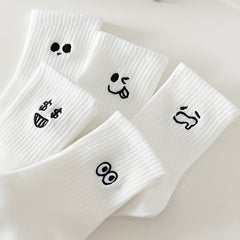5 Pairs Expression Print Socks Fun & Cute Crew Socks Women's Stockings