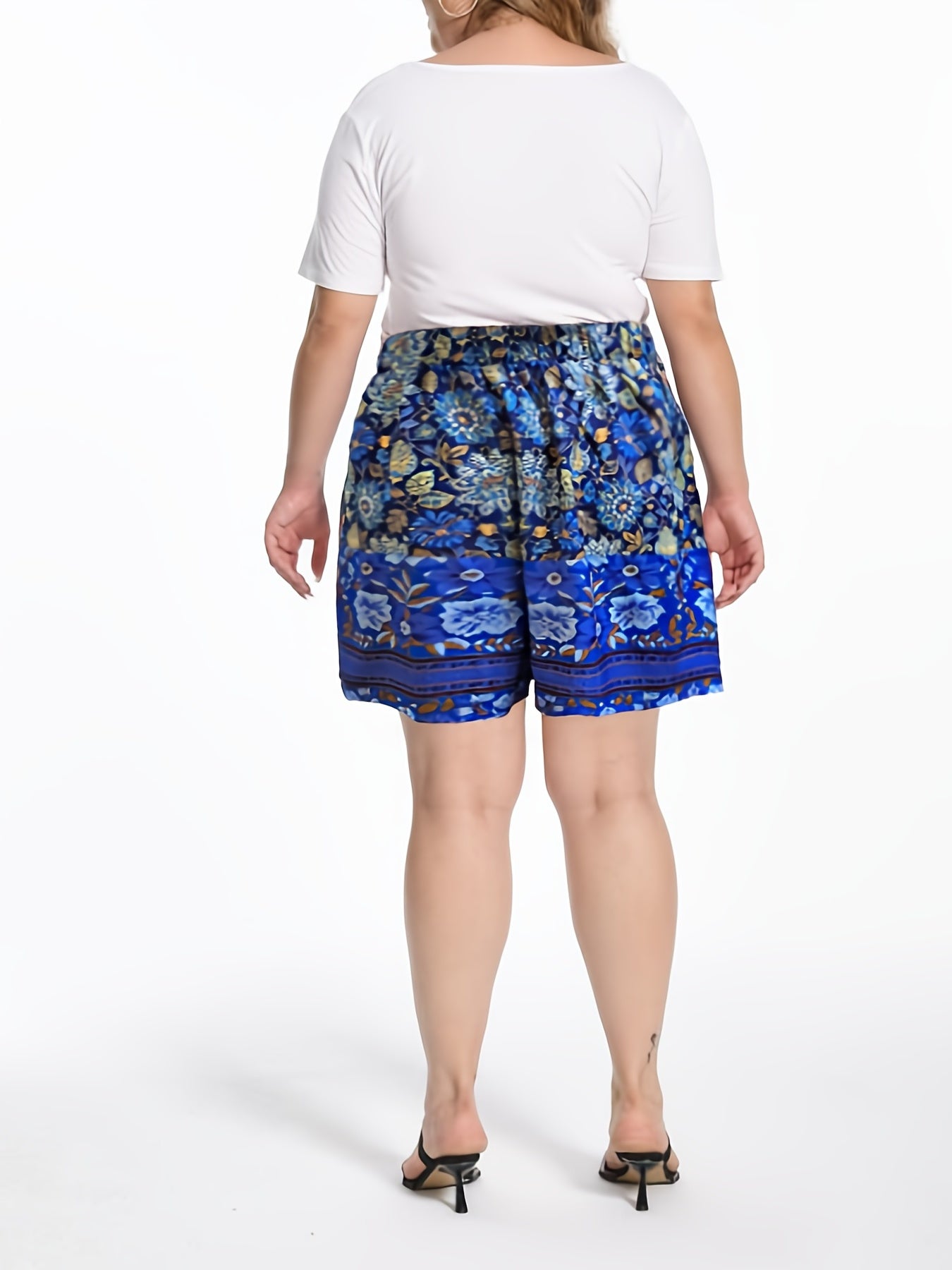  Boho Shorts Women's Plus Floral Border Print Loose Wide Leg