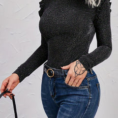 Solid Ruffle Trim Knit Pullover Top Long Sleeve Top For Spring & Fall