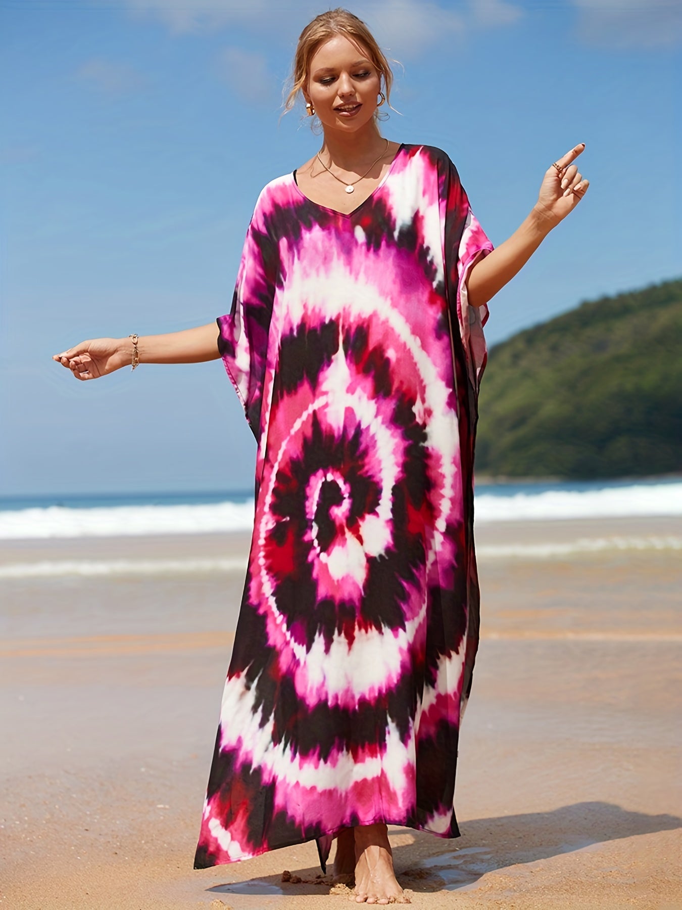  Boho Cover Up Dress Women's Tie Dye Bat Sleeve V Neck Stretch