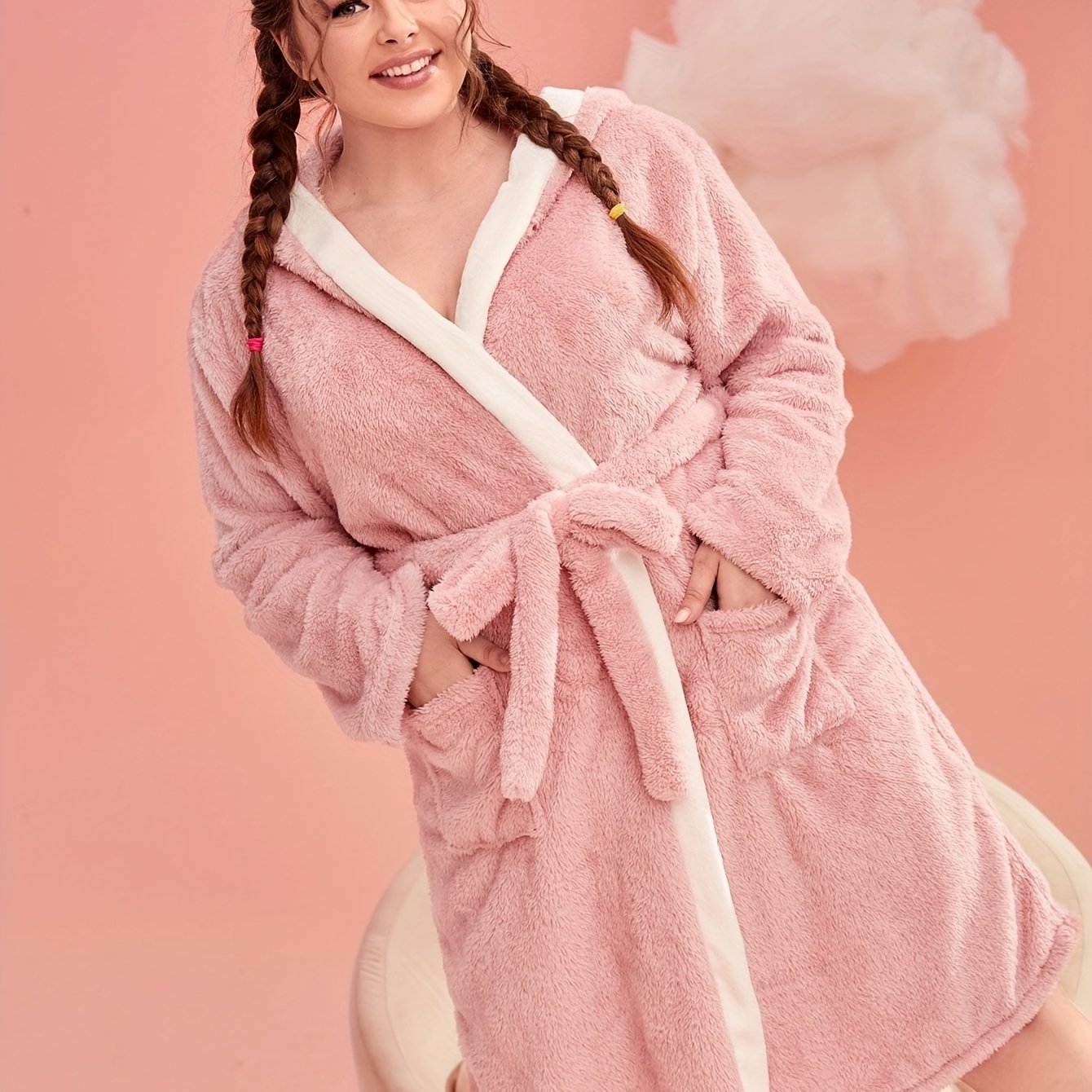 Women's Plus Flannel Long Sleeve Fleece Hooded Bathrobe