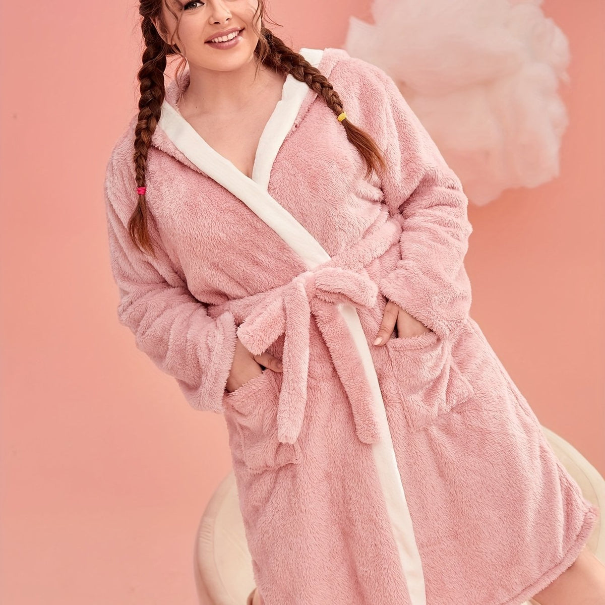 Women's Plus Flannel Long Sleeve Fleece Hooded Bathrobe