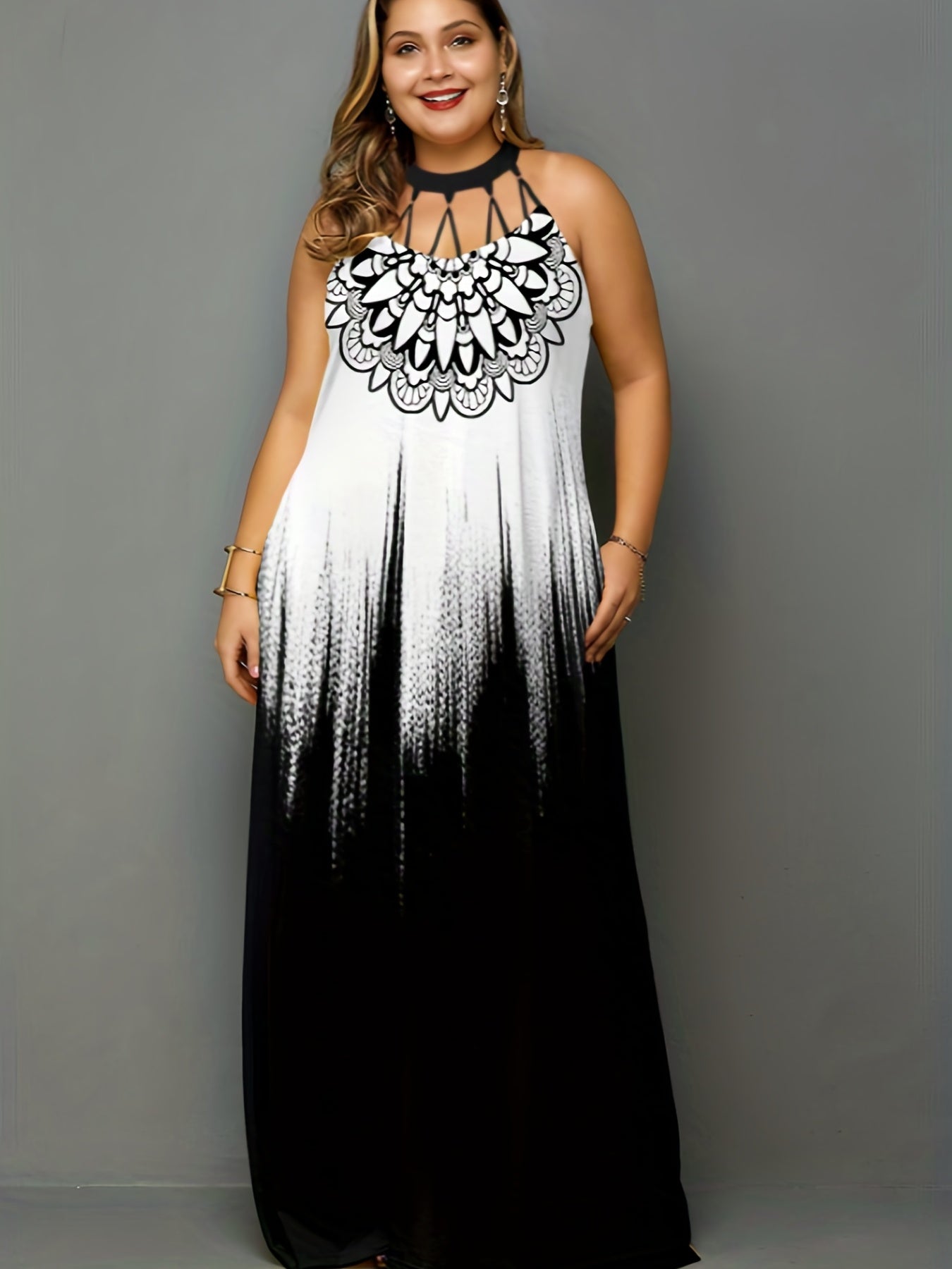  Ombre & Tile Print Cut Out Maxi Dress