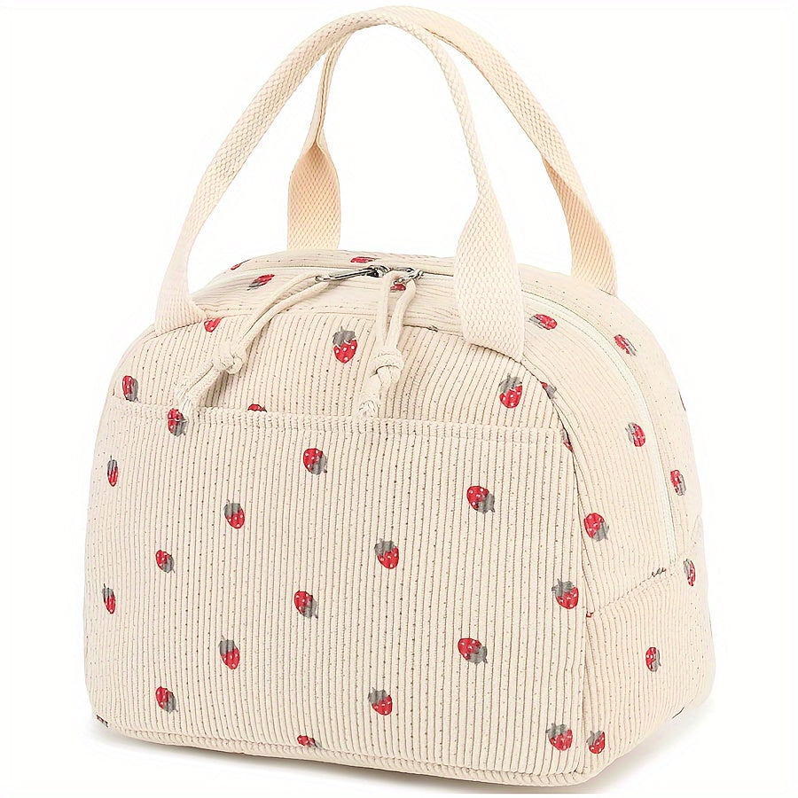 Corduroy Lunch Bag Strawberry Thermal Tote Large Capacity Cooler