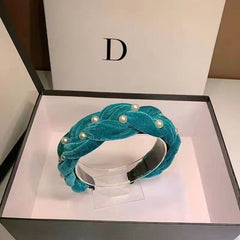 Non Slip Faux Pearl Hairband Twist Wide Velvet Solid Headband