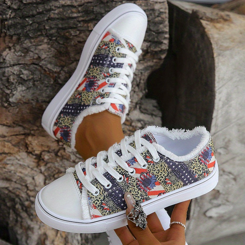 Women's Stars & Striped Print Low Round Toe Lace Up Flat Non slip Shoes