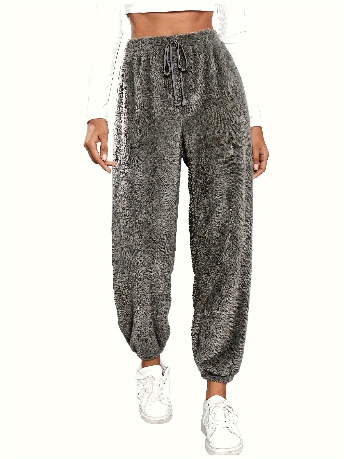  Casual Pants Women's Solid Fleece High Rise Elastic Drawstring Joggers